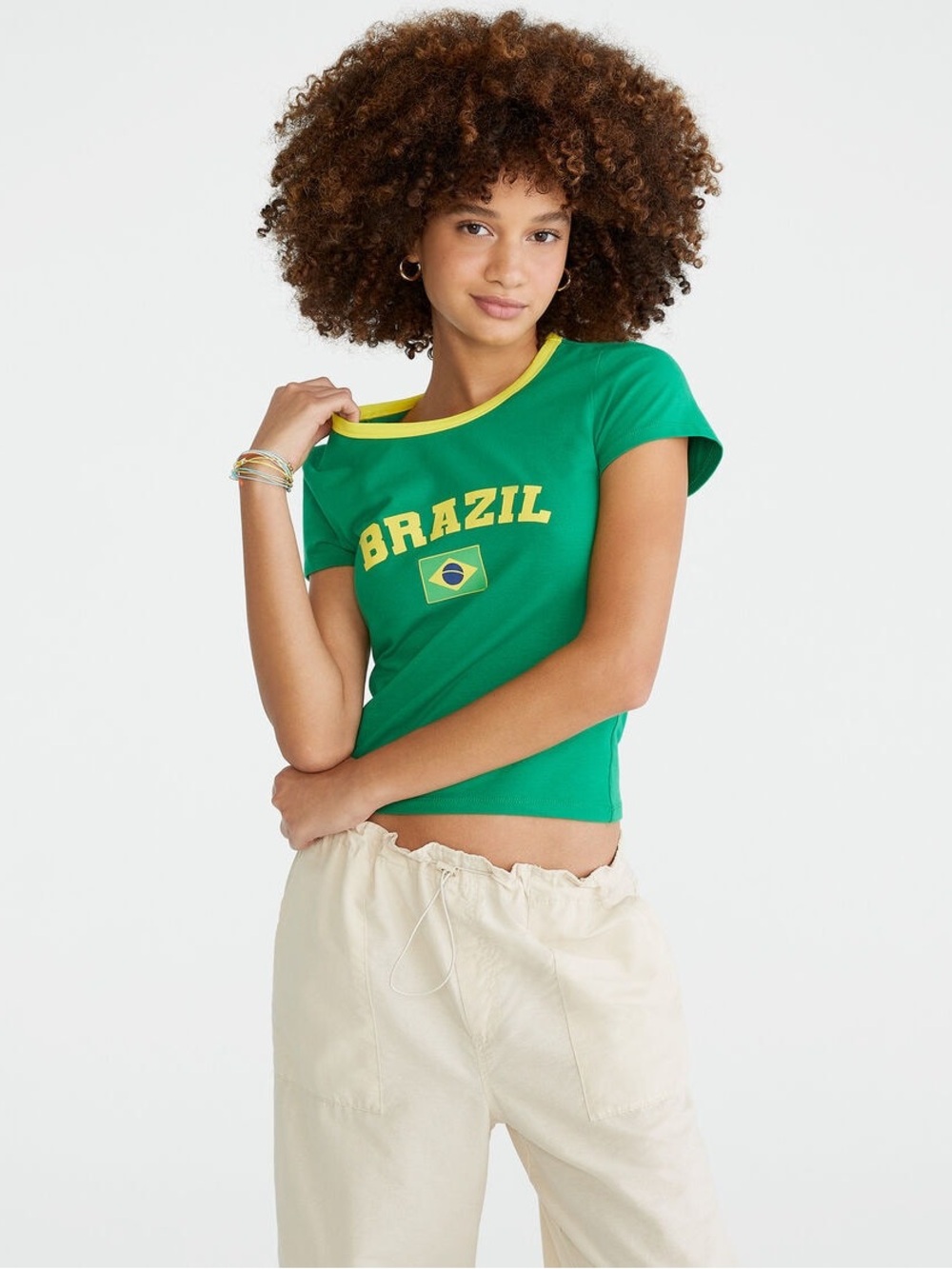 Aeropostale Brazil Graphic Ringer Baby Tee Green Medium
